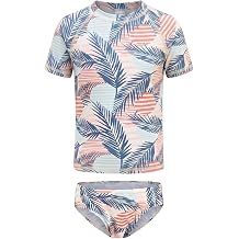 Girls Rash Guard Swimsuits Set Short Sleeve Bathing Suits for Kids Girls Swim Set Hawaiian Beachwear 3-16 Years