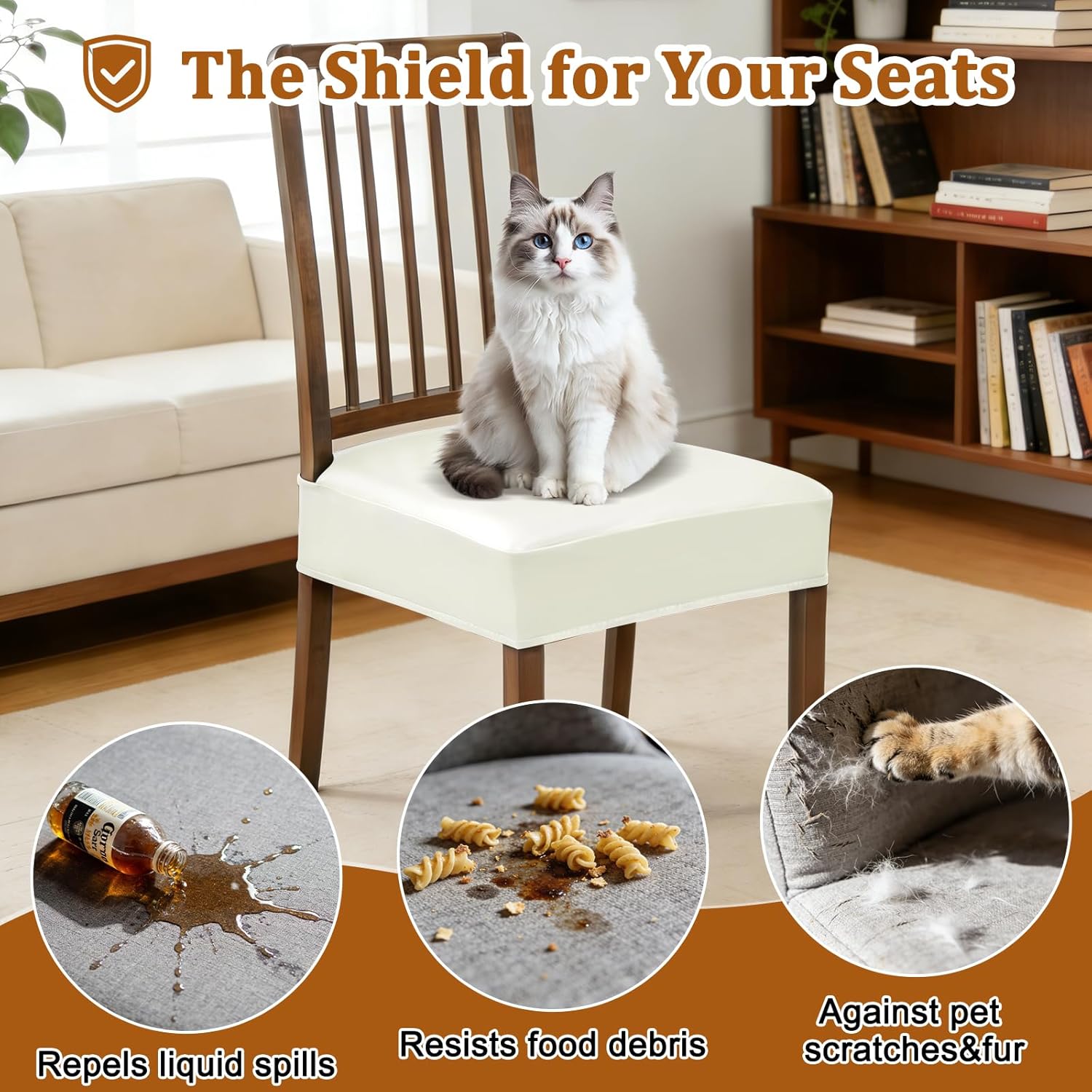 Dioxide Chair Covers Waterproof Pu Leather Seat Covers for Dining Room Chairs Set of 6,Soft Chairs Seat Slipcovers with Anti-Slip Elastic Band Protector Cover Stretch Kitchen Seat Covers(White)