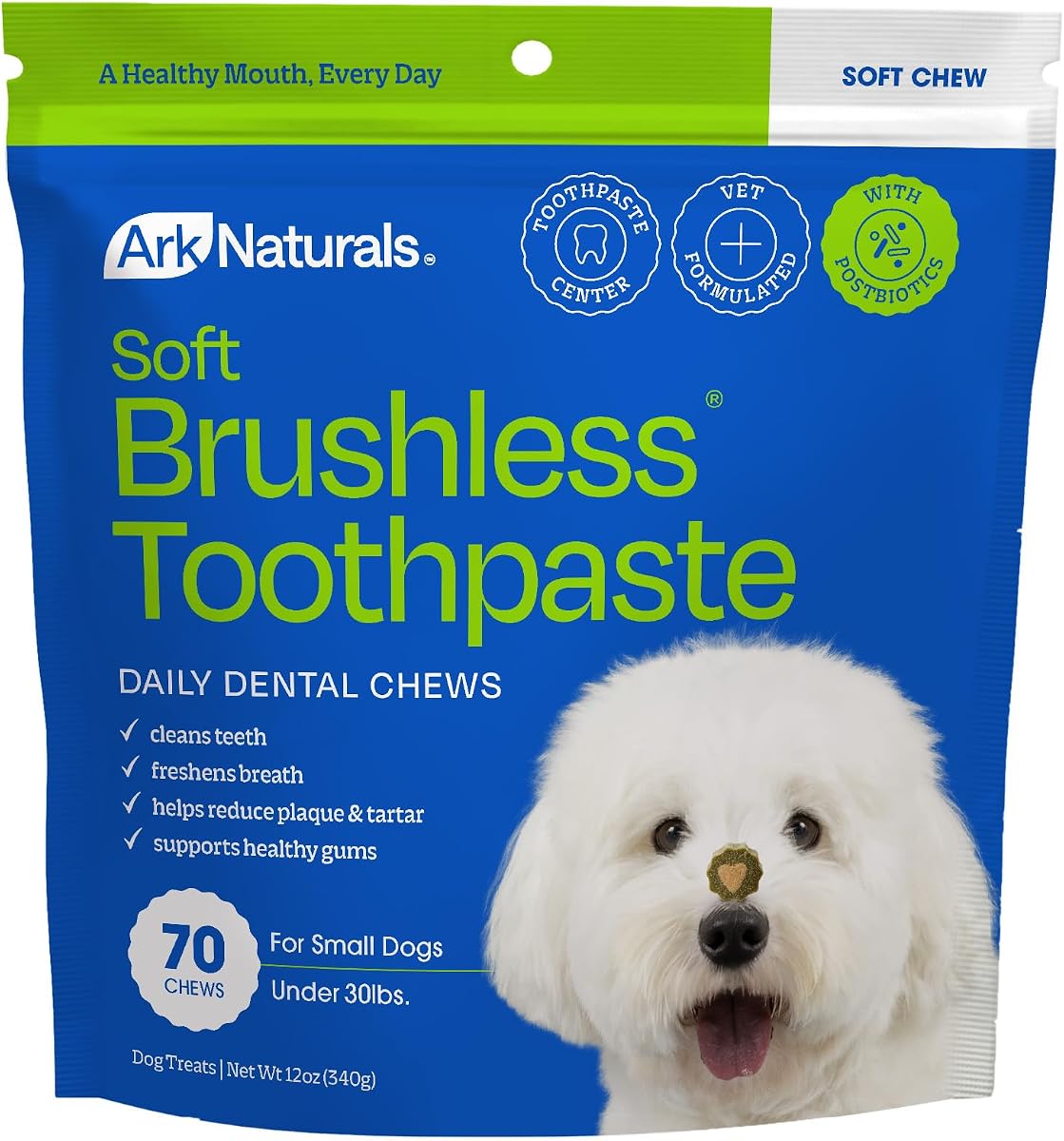 Ark Naturals Soft Brushless Toothpaste Dental Chews - Small Breeds (70 ct) | Vet Formulated Soft-Baked Dog Dental Chew with Toothpaste Center – Freshens Breath, Reduces Plaque & Tartar