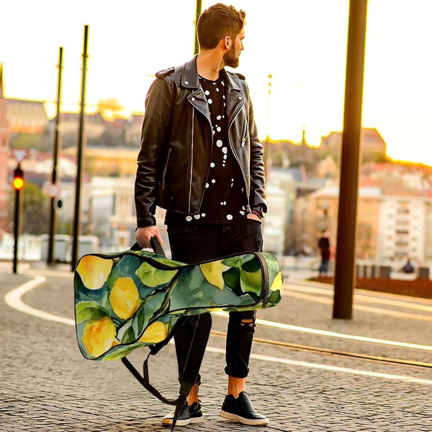 Acoustic Guitar Gig Bag 10mm Thick Padding, Soft Waterproof Guitar Case with Adjustable Backpack Straps for 40-42 Inch Guitar, Fresh Lemons Tree Branches and Green Leaves