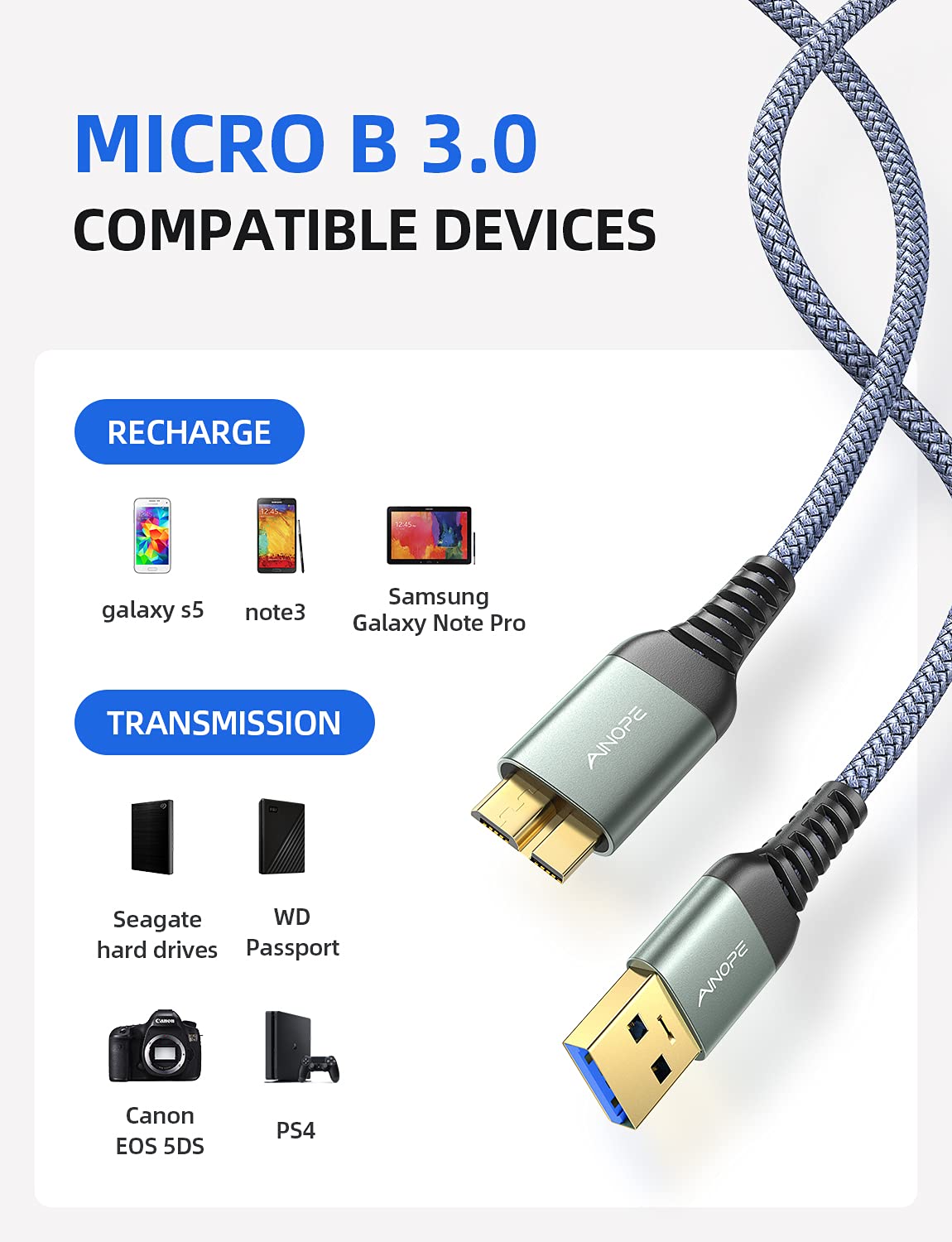 AINOPE 2-Pack (3.3FT+6.6FT) USB 3.0 A Male to Micro B Cable s5 Fast Charger, External Hard Drive Cable Compatible with Note 3, WD Camera, Seagate Hard Drive and More