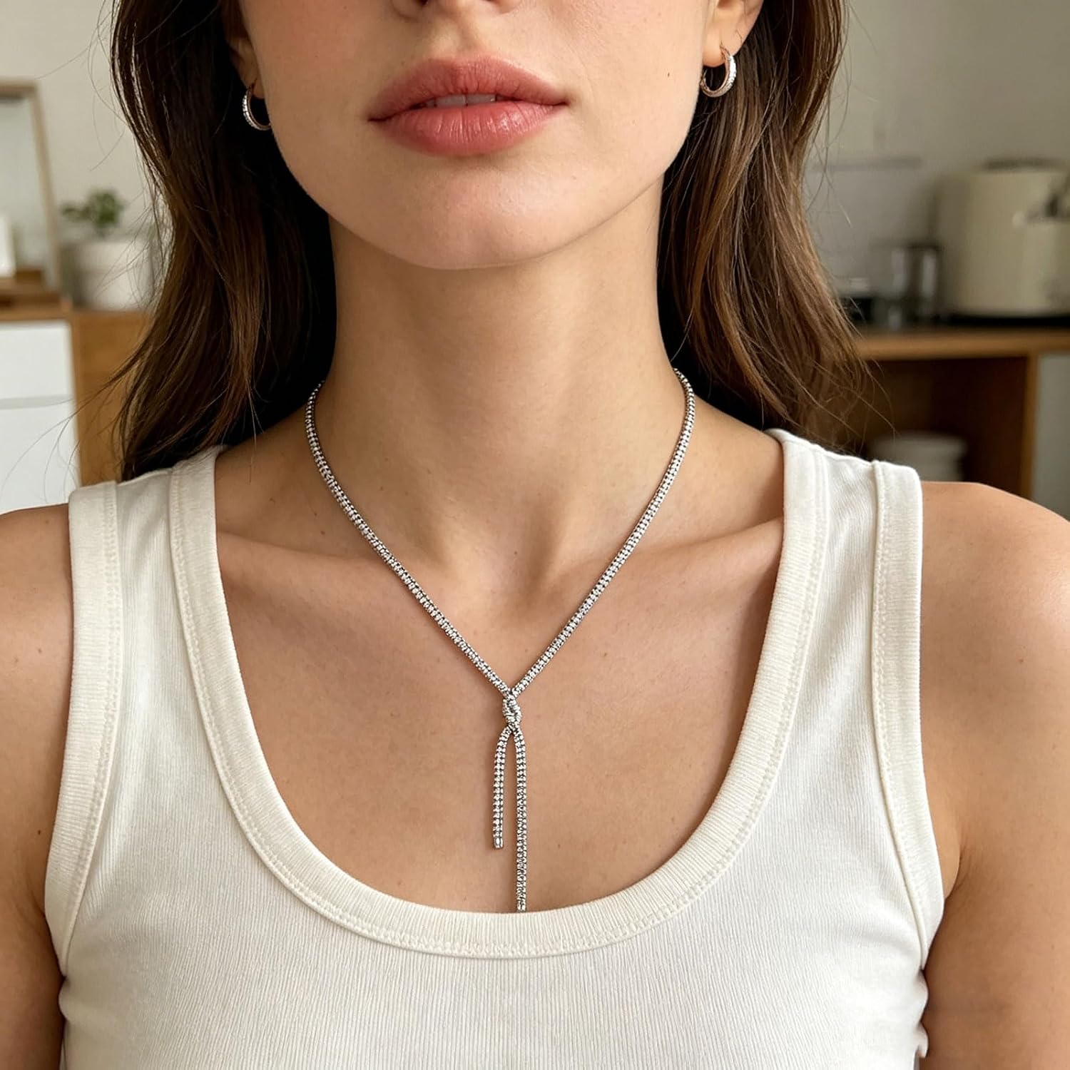 HZMAN Y-Drop Lariat Necklace for Women, Brass with Sparkling Crystal Tennis Chain, Lightweight Elegant Y Shape Necklace for Wedding Party Daily Wear