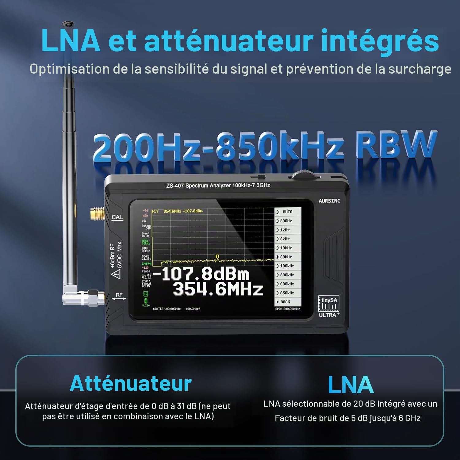 AURSINC Tinysa Ultra+ ZS407 Mesureurs d'ondes Analyseur de spectre portable 2 en 1 générateur de signaux RF 100 kHz à 900 MHz MF/HF/VHF/UHF Entrée HW V0.5.4 4,0"