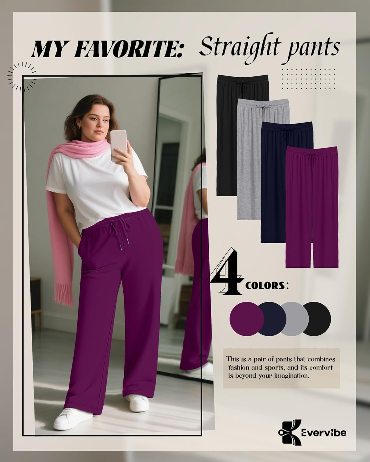 4 Pack Women's Plus Size Lounge Pants, Wide Leg Drawstring Yoga Pants Loose Casual Pajama Sweatpants with Pockets - Image 3