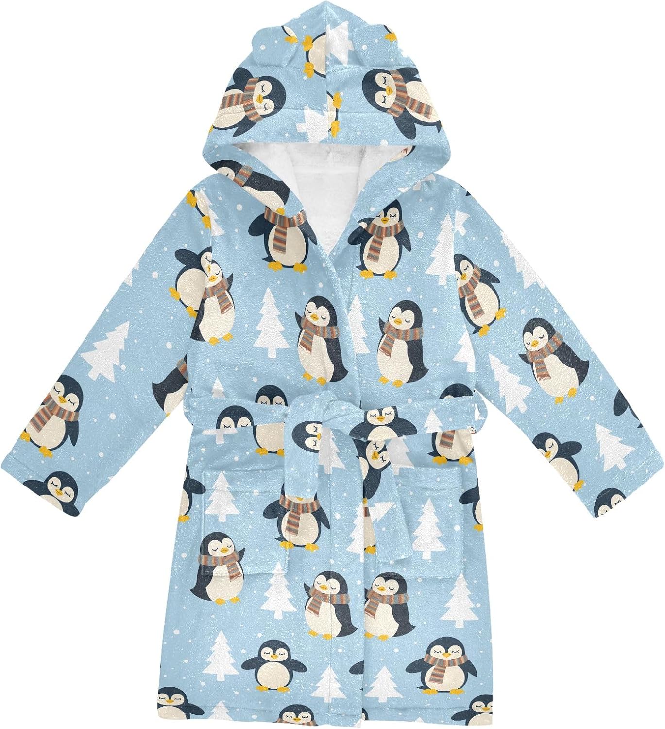 Winter Penguin Pattern Toddler Hooded Bathrobe for Boys Girls Soft Plush Bath Towel Robe 2-12 Years
