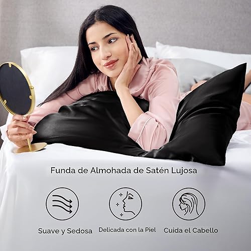 Vista 3 de Bedsure - Juego de 2 fundas de almohada de satén 06 - negro