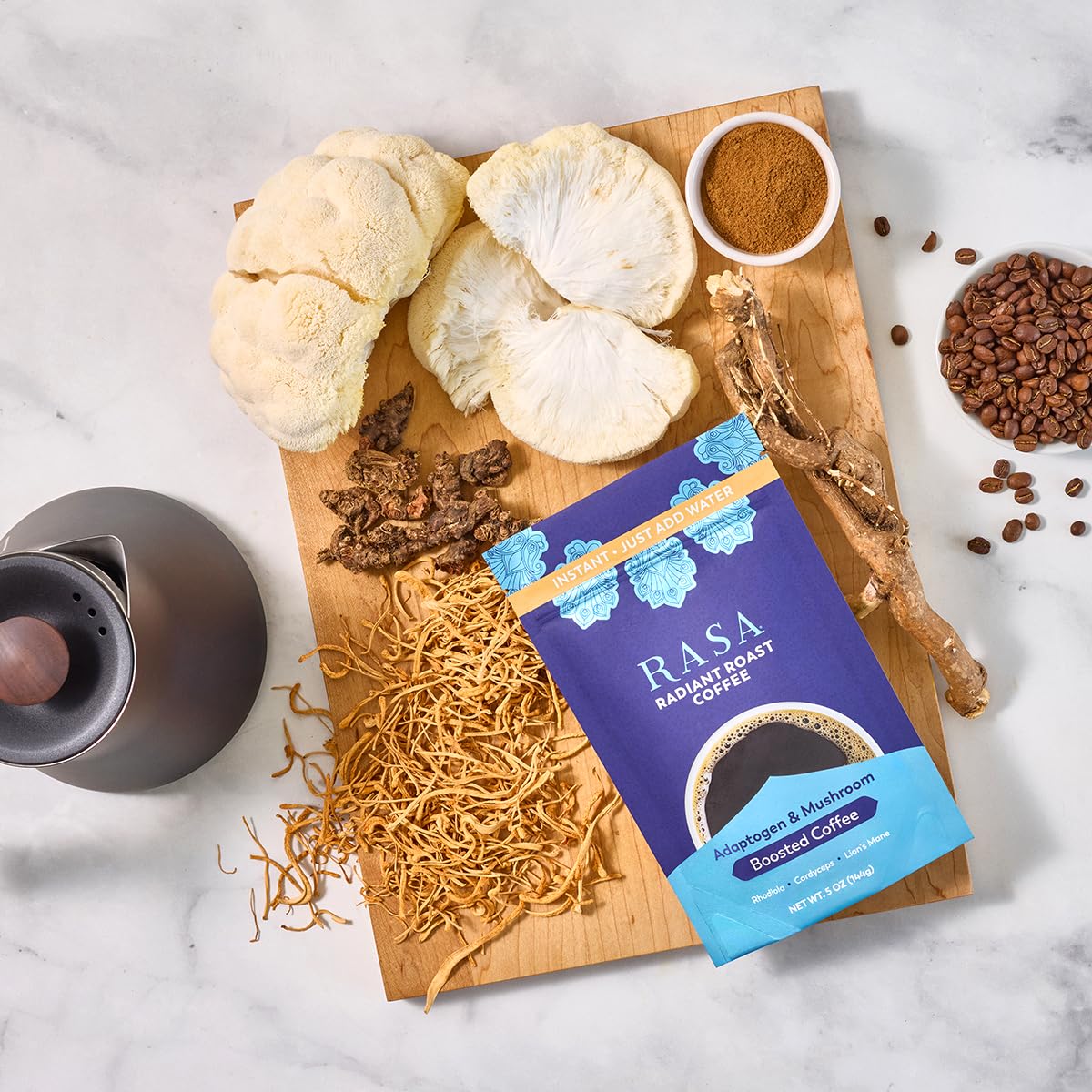 RASA INSTANT Radiant Roast Coffee – Adaptogenic Mushroom Boosted Coffee-Alternative | Vegan, Gluten Free with Cordyceps + Lion's Mane | Just Add Water (5oz. / 24 Servings)