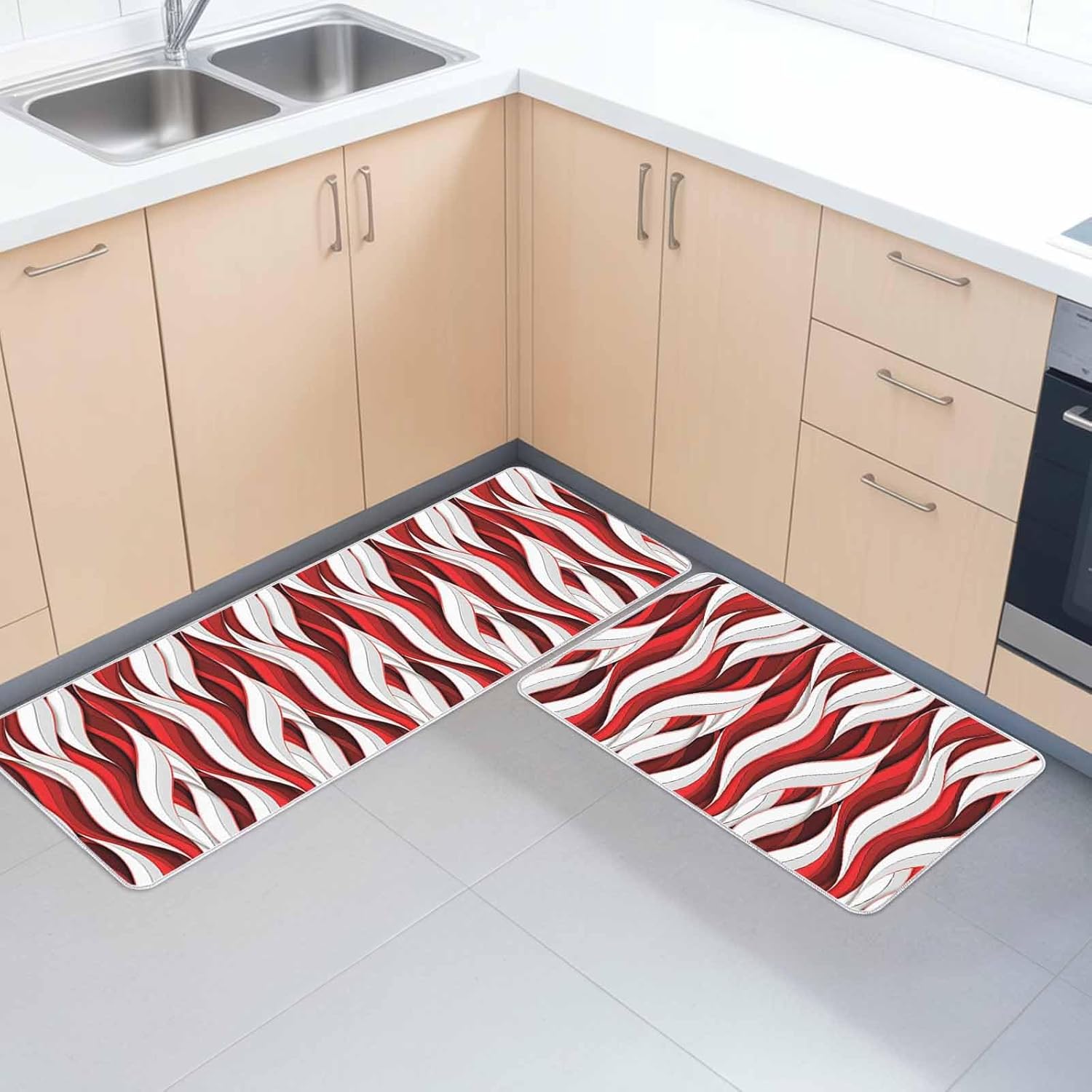 Red White Abstract Geometric Kitchen Rug and Mat,Washable Floor Mats Standing Cushioned Set of 2,Modern Striped Minimalist Slip-Proof Doormat Runner Rugs for Indoor Bathroom Laundry Sink
