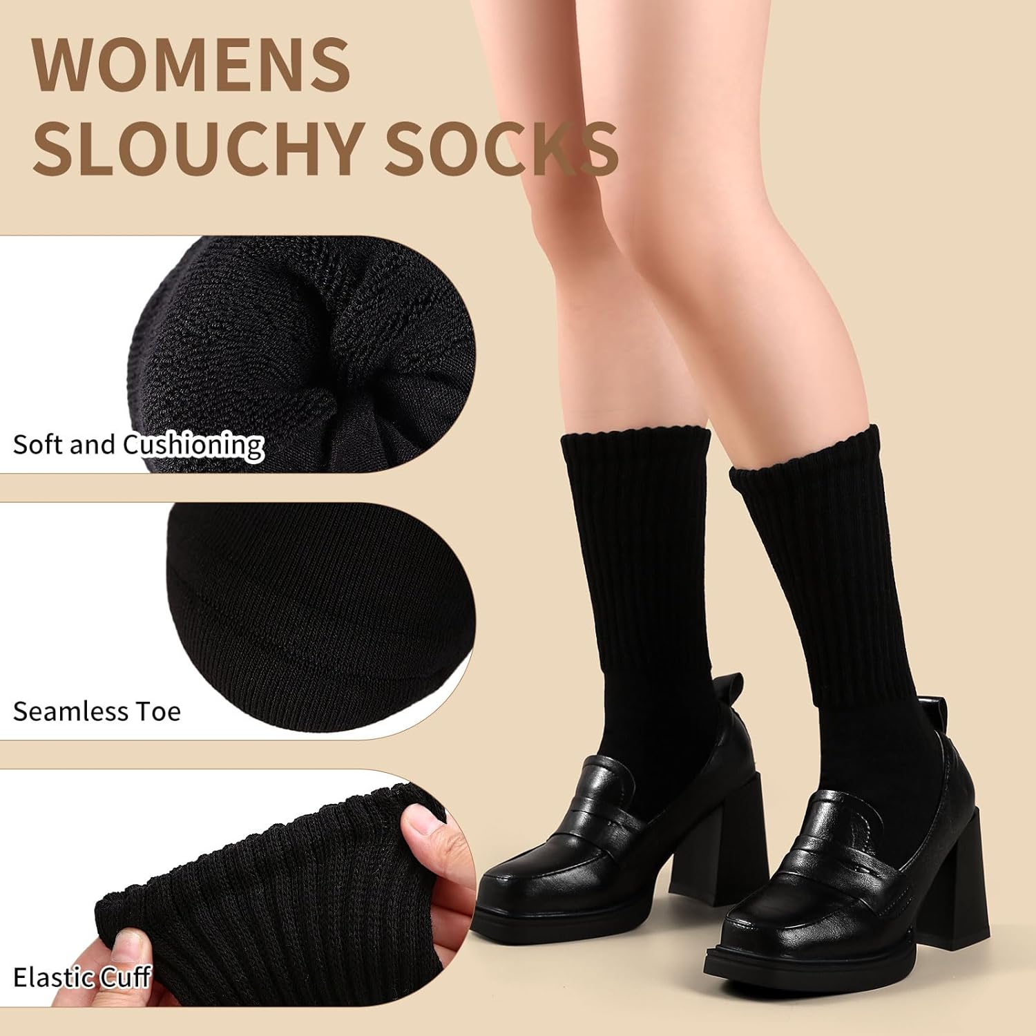 FGZ Womens Slouch Socks Cozy Retro Ribbed Cotton Knit Bootie Socks for Casual 3 Pairs,5-11 - Image 2