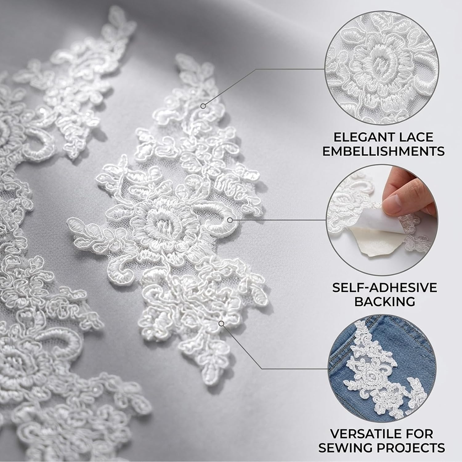 12PCS Lace Appliques Embellishments, Lace Appliques, White Lace Trims for Sewing Projects, Decorative Lace Appliques Embellishments for Garments and Crafts