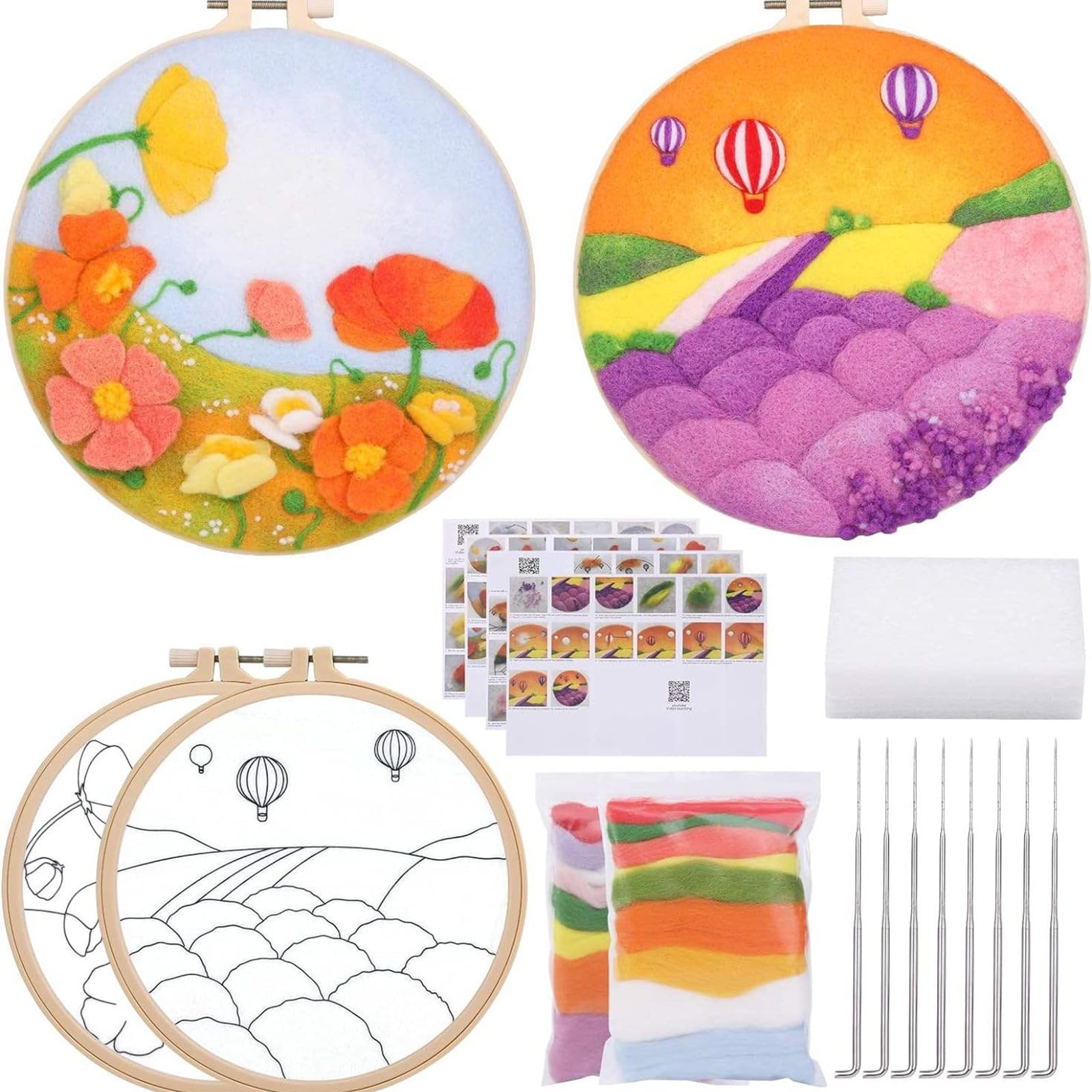 Kits de fieltro con aguja para principiantes, 2 juegos de kit de inicio de fieltro con aguja de lana para bricolaje, juego de fieltro con aguja con marco de fotos, aros de bordado con almohadilla(Colo