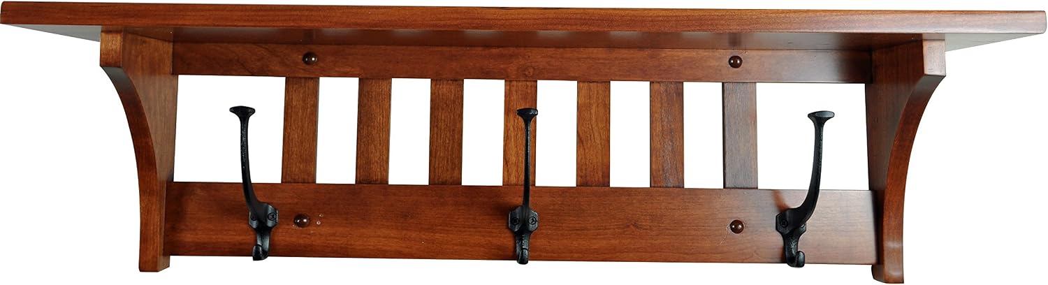 Rustic Red Door Co. Mission Style Coat Rack Wall Mounted with Shelf, Entryway Wooden Hanger with 5 Wrought Iron Hooks for Jacket, Towel or Hat, Farmhouse Decor, 51.5" Oak Wood, Michaels Stain