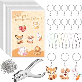 HONSIO 141 Pieces Shrinky Dink Kit with 20 Shrink Plastic Sheets Paper and 121 Keychains Accessories for Kids and Adults DIY Crafts