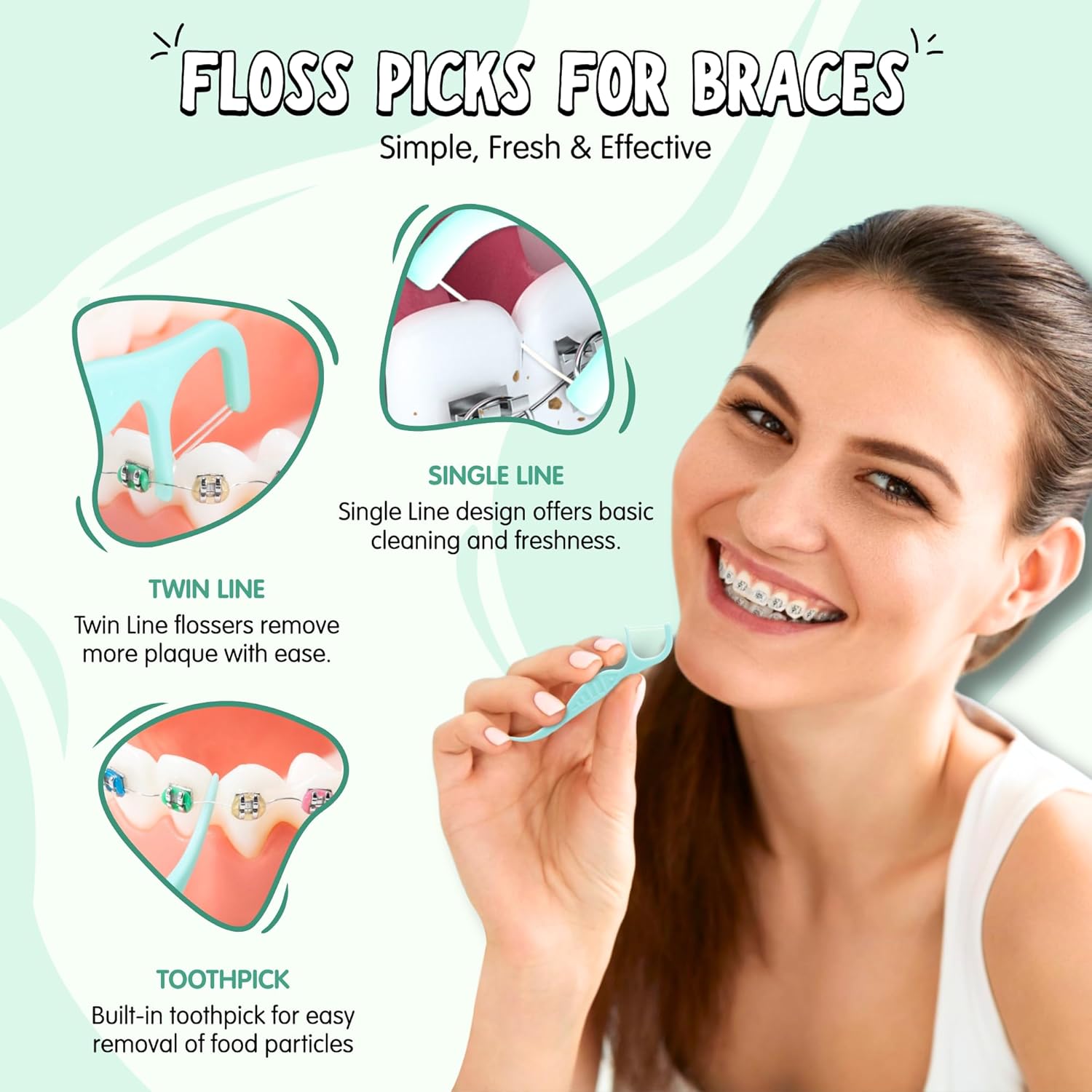 Braces Flossing Kit – 200 Orthodontic Floss Picks & 48 Interdental Brushes, Travel Pouch & Lip Balm – Braces Cleaning Essentials for Teens & Adults - Orthodontic Floss Kit