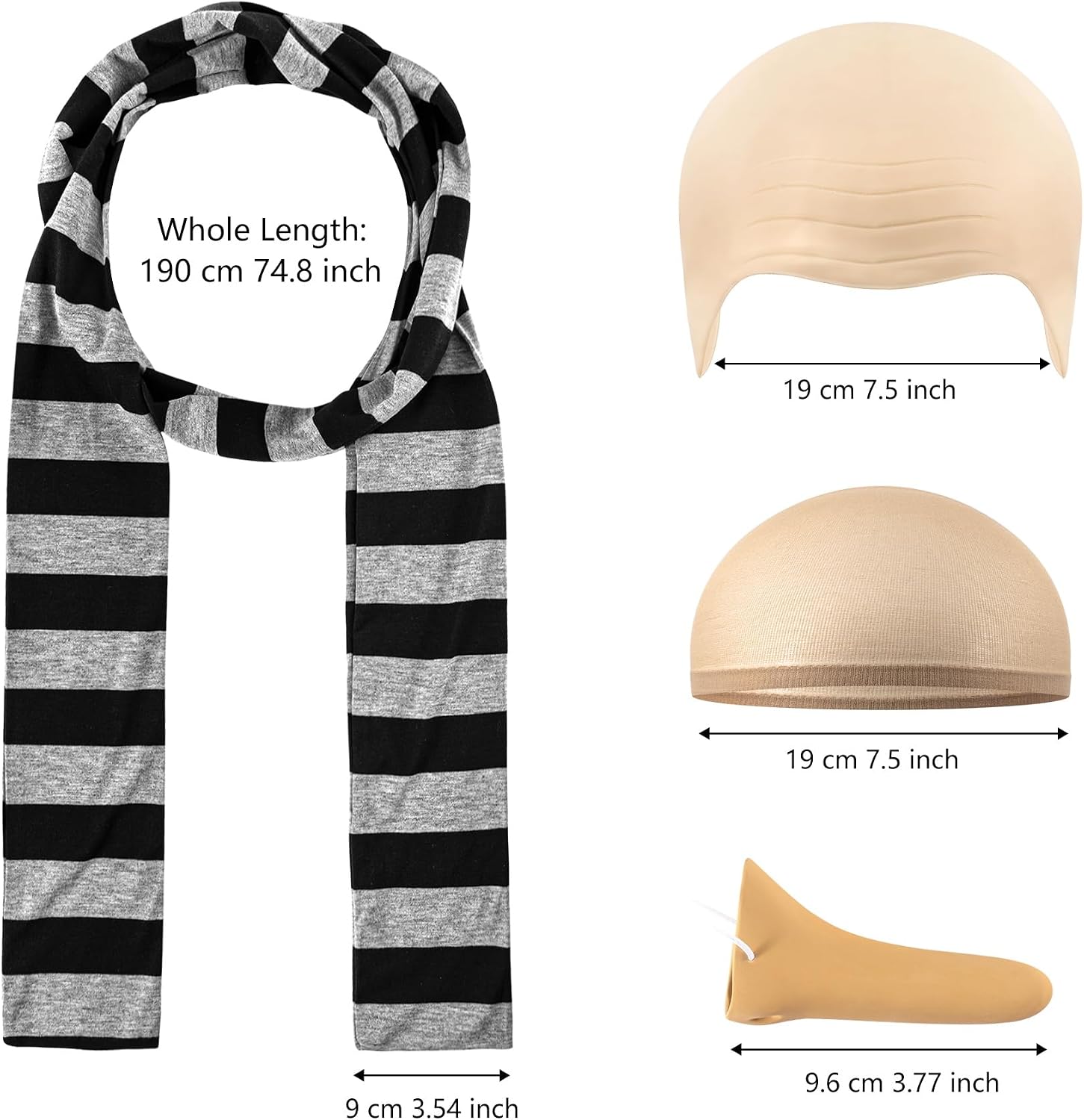 4 Pcs Adults Costume Accessories Set, Black Gray Striped Scarf Fake Nose Latex Bald Head Wig Cap, Cosplay Classic Characters Gru Halloween Party Set
