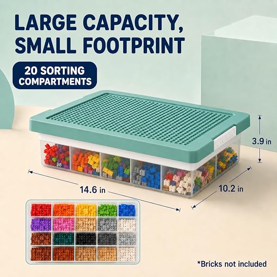 Toy Storage Organizer Box for Lego Bricks with Compatible Building Plate Lid, 3-Layer Removable Sorting Trays, Stackable Plastic Storage Bin, Building Block Organization (1pc-green)