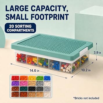Toy Storage Organizer Box for Lego Bricks with Compatible Building Plate Lid, 3-Layer Removable Sorting Trays, Stackable Plastic Storage Bin, Building Block Organization (1pc-green)