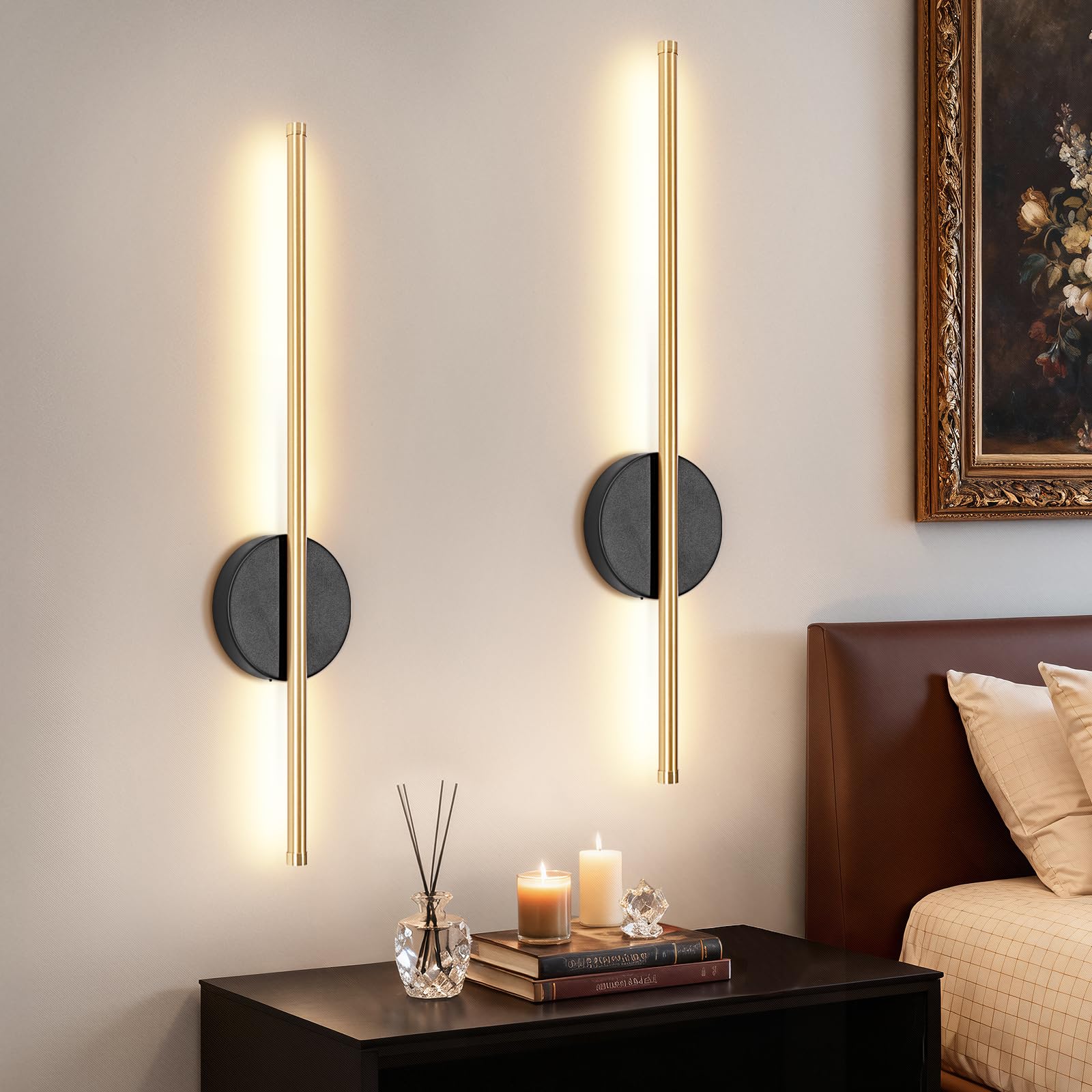 Dehobo Rechargeable Wall Lights 2 Pack, Battery Operated Wall Lights 3 Color Temperature, Wall Lamp Dimmable Wireless with Remote Control Black and Gold 60CM for Living Room Bedroom Hallway
