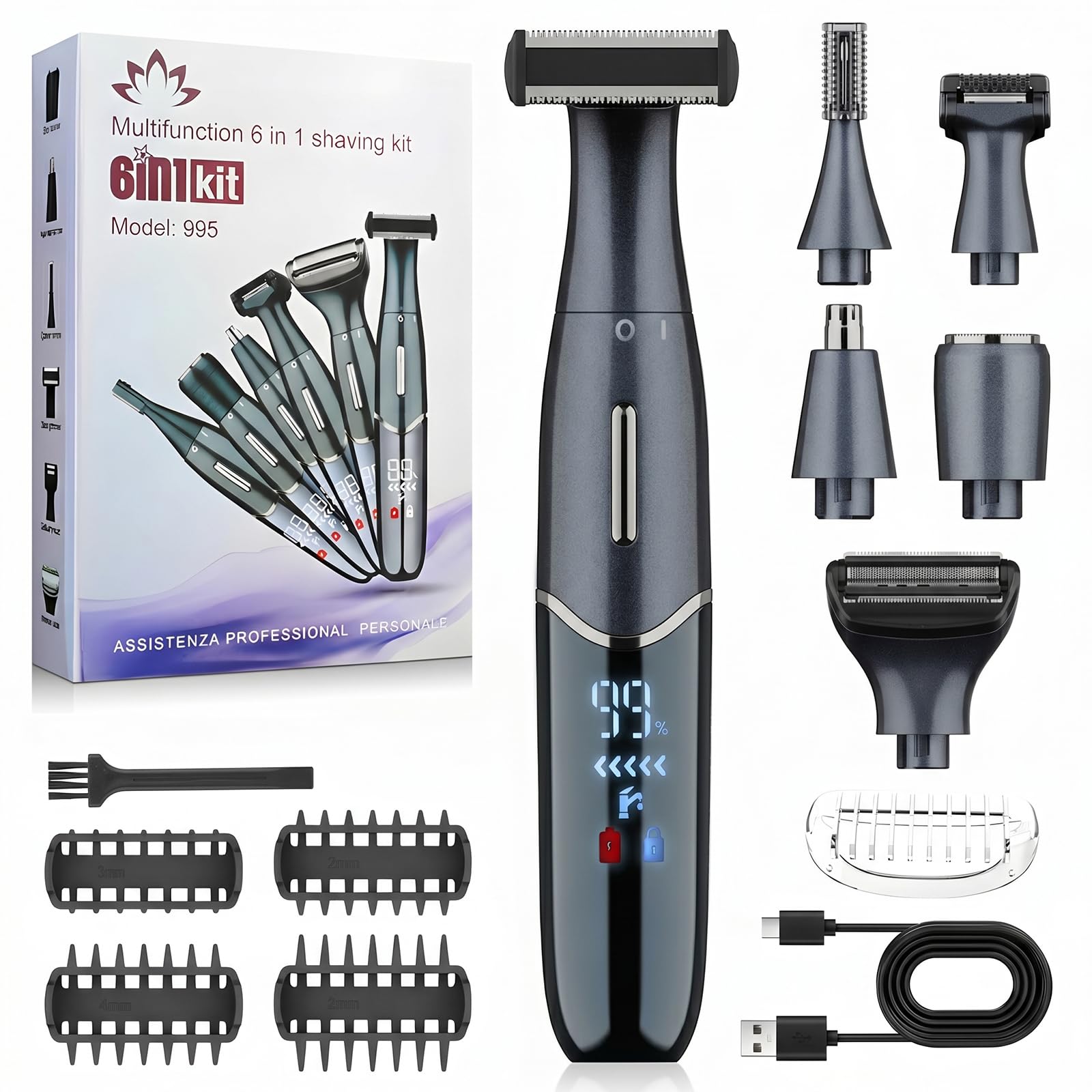 Rasoio Elettrico Donna, 6 in 1 Depilatore Corpo Donna, Rasoio Parti Intime Donna IPX5 Impermeabile, Ricaricabile USB, Uso Secco e Bagnato, Rasoio Donna per Viso, Gambe, Ascelle, Bikini, Naso