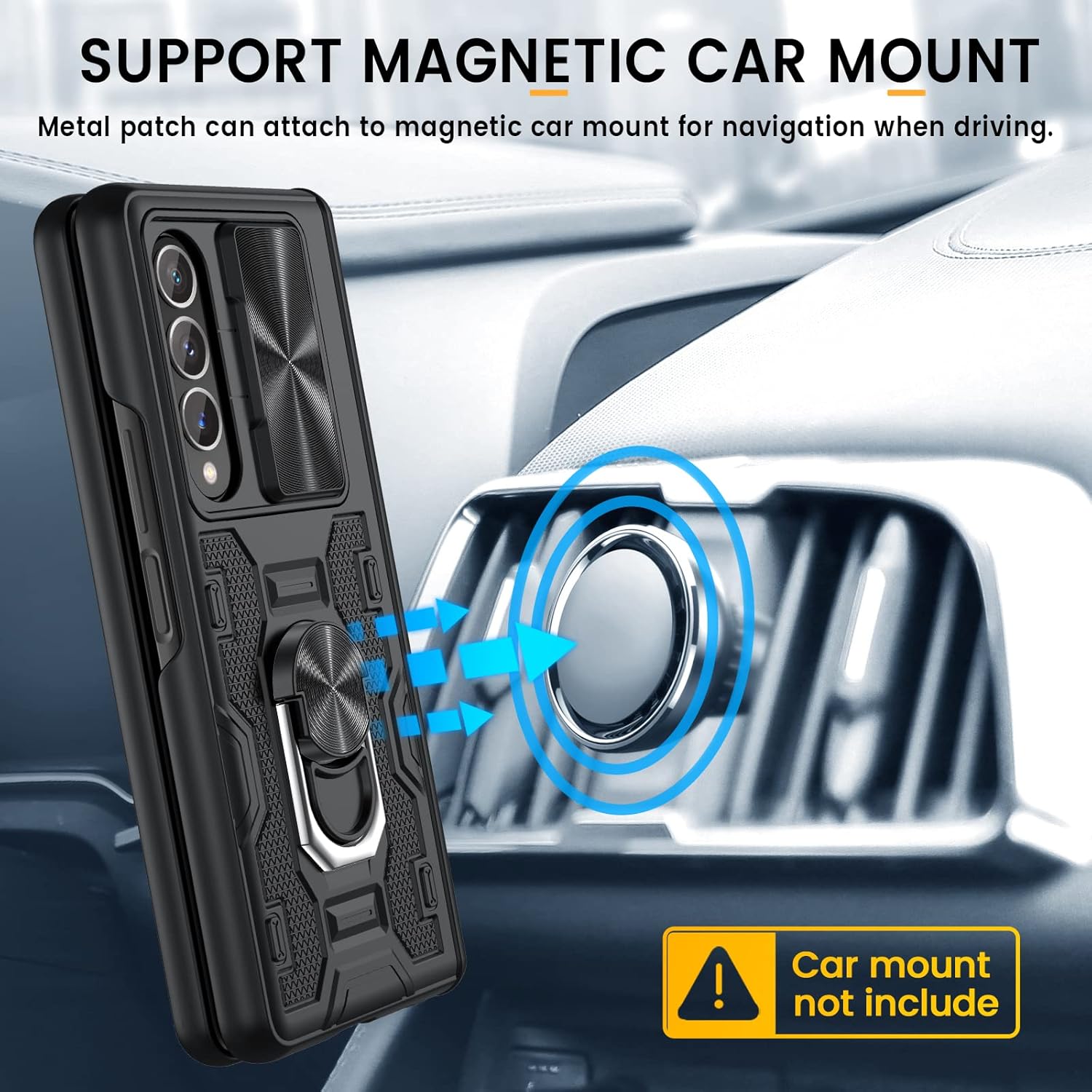 Caka Galaxy Z Fold 3 Case with Slide Camera Lens Cover, Built-in Kickstand Ring Holder Tempered Glass Screen Protector, Magnetic Case for Samsung Z Fold 3 5G (Black)