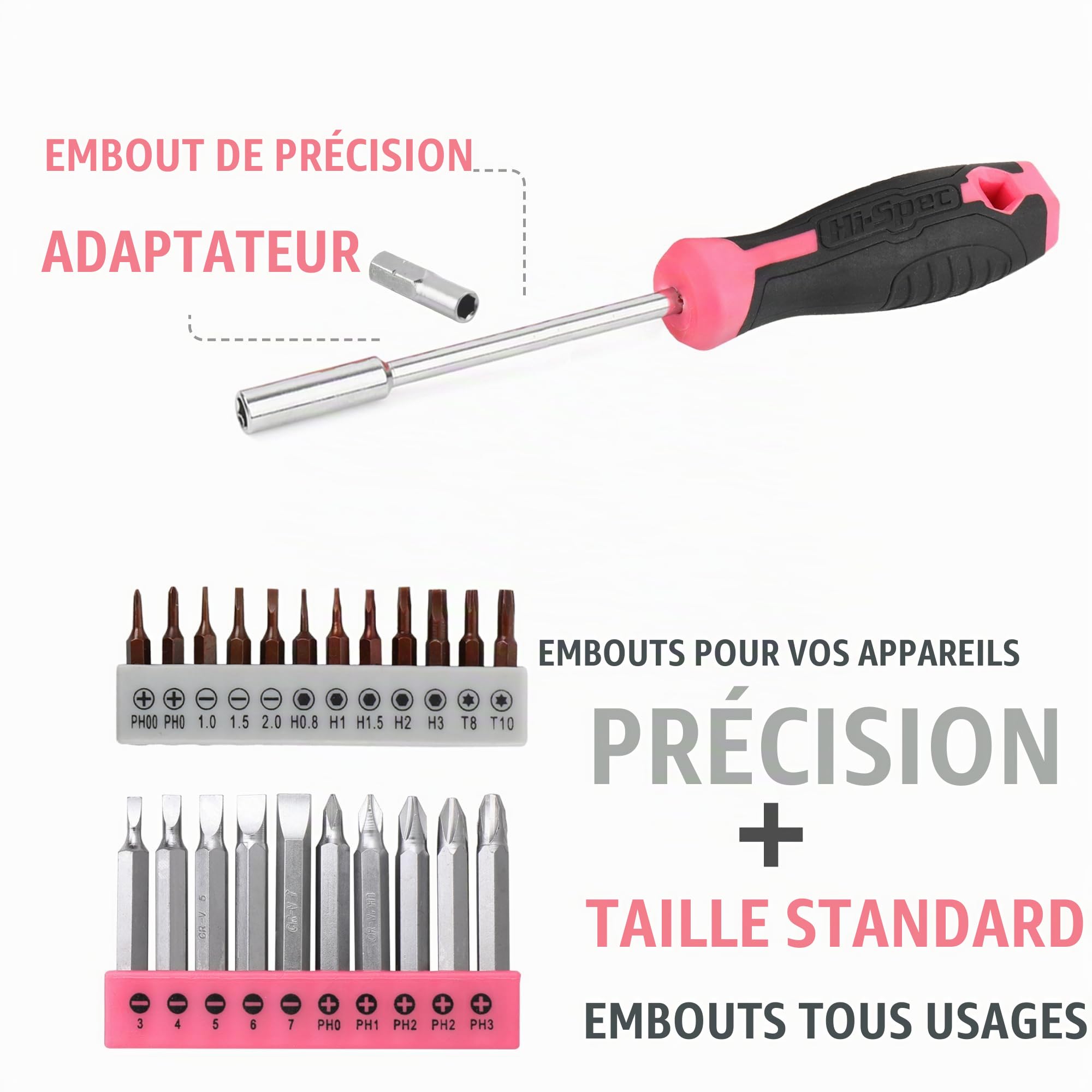 Hi-Spec Perceuse Visseuse devisseuse sans Fil 8V Rose 58pc Boite a Outils Complete avec Outils de Bricolage - Embouts, Forets, Marteau, Tournevis et Plus - Travaux, Entretien et Réparations à Domicile