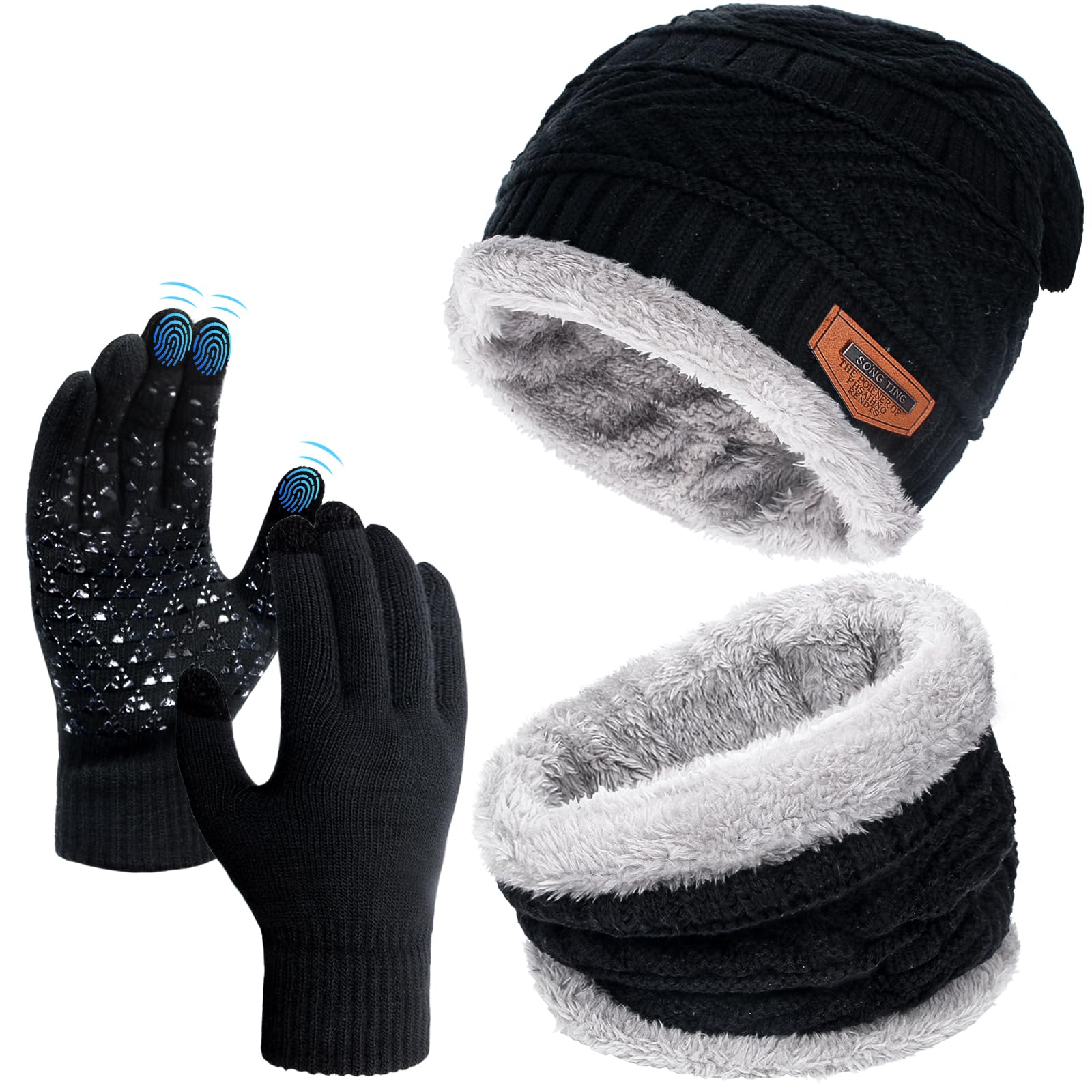 Winter Warm Mütze, Schal & Handschuh-Sets für Damen Herren, Winter Beanie Mütze, Touchscreen Handschuhe, Winter Warm Loop Schal mit Fleece Gefütterte, Geschenk Damen Herren Weihnachten (Schwarz)