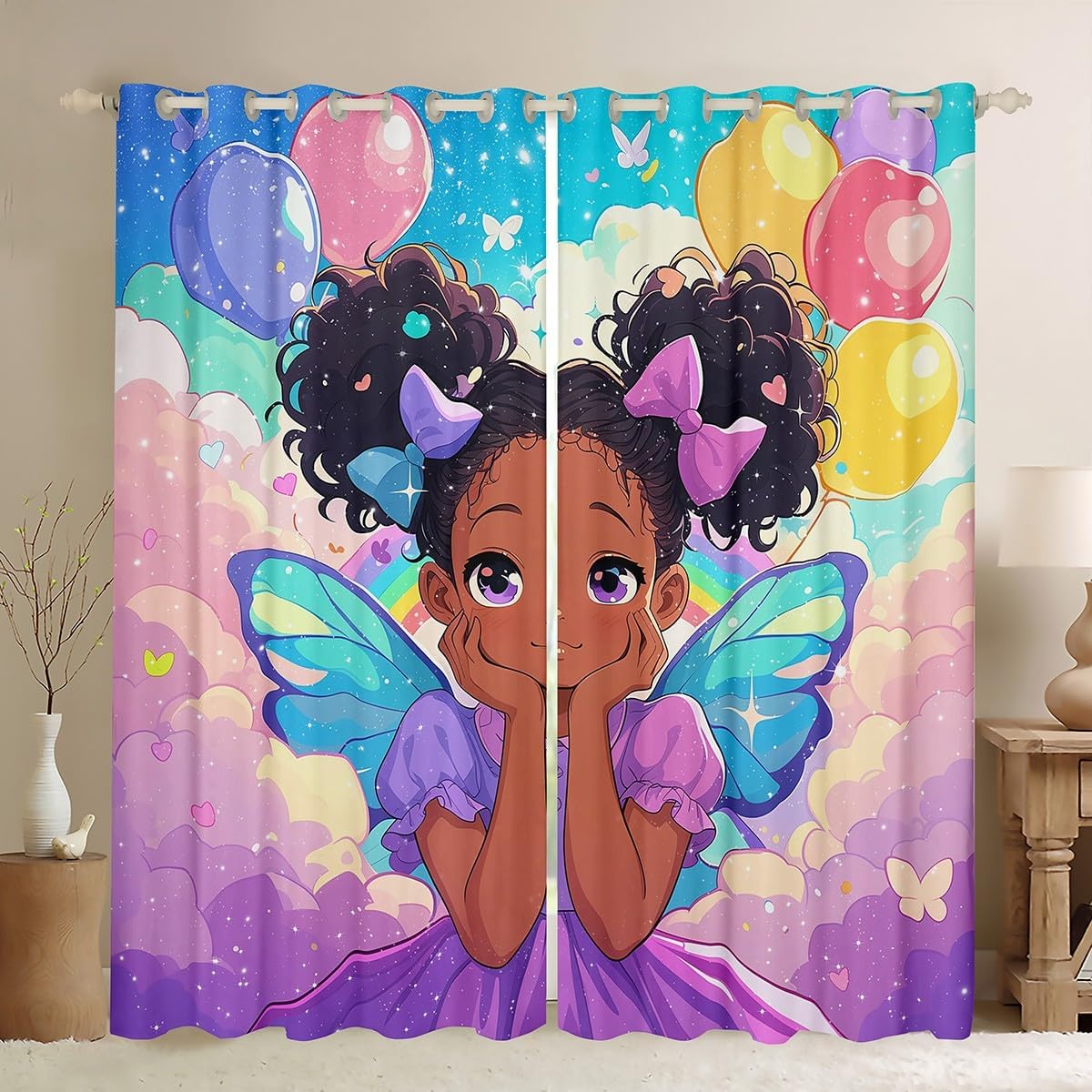 African Black Afro Girls Blackout Curtains,Princess Bowknot Tale Dreamy Window Drapes for Girls Women,Rainbow Cloud American Romantic Purple Window Treatments Grommet Top 2 Panel Set,42Wx90L inch