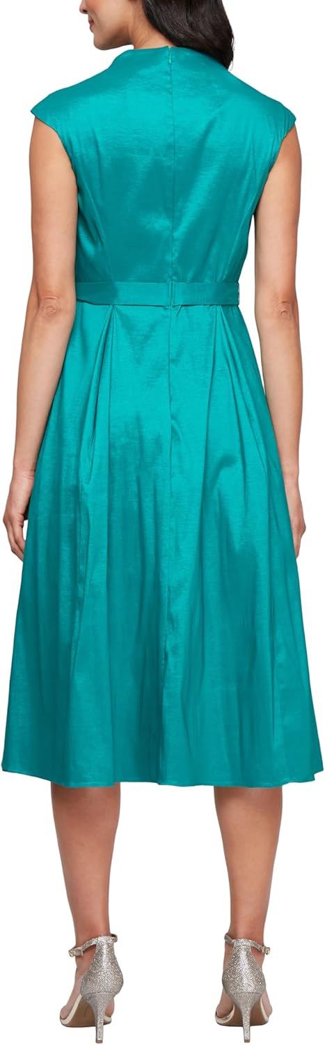 Alex Evenings Womens Stretch Taffeta Wedding Guest Dress with Full Skirt, Pockets, and Tie Belt (Petite and Regular Sizes)