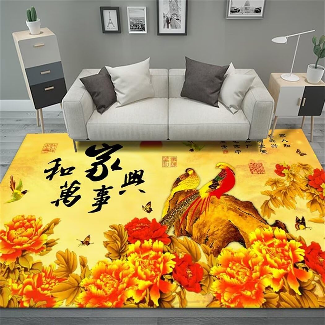 Tapis chinois rouge floral jaune pour réchauffer une chambre de fille ou un salon