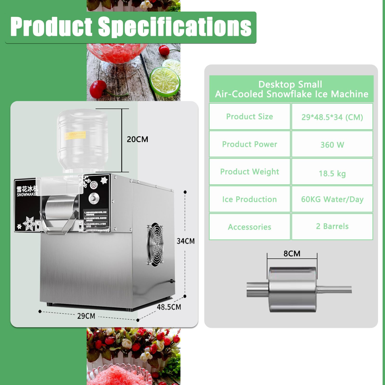 Máquina para Hacer Granizados, Bingsu Machine, Regulación del Grosor, Capacidad: 60/120/180 kg/24h, para Cócteles Congelados, Conos De Nieve, Granizados 360W