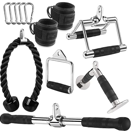 WNOEY Cable Machine Attachment, LAT Pulldown Attachments, Home Gym Accessories, Triceps Pull Down Attachment - V Handle + Row Handle + Rotating Bar + Tricep Rope + Ankle Straps + D Handle