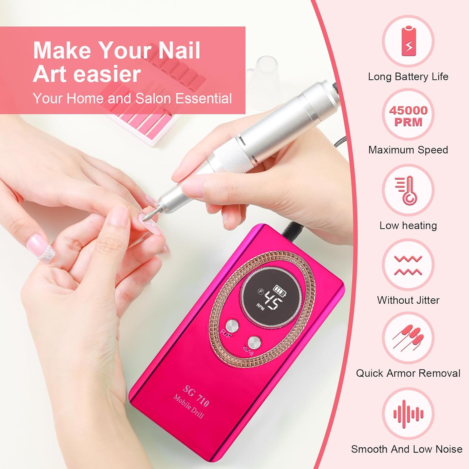 Nail Drill Machine Electric 45000RPM Rechargeable Portable Nail Drill Kit DIY Nail File Electric with Smart LCD Screen for Gel Nail Manicure and Pedicure Reflective Body etc(Crimson)