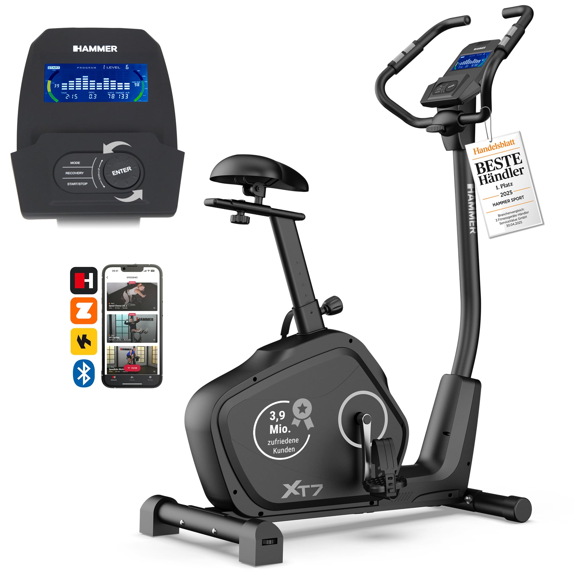 HAMMER Ergometer Cardio XT7 – leiser Heimtrainer für Zuhause mit tiefem Einstieg, App Kompatibel mit Kinomap, 8 kg Schwungmassensystem, 24 Programme, Hometrainer Fahrrad bis 130 kg
