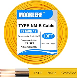 12/2 Wire with Ground - 10FT 12 Gauge NM-B Non-Metallic Sheathed Cable 100% Pure Copper 12 AWG 2 Conductor Residential Indoor Wire for Outlets, Switches, Other Loads and Lighting Wiring Projects etc.