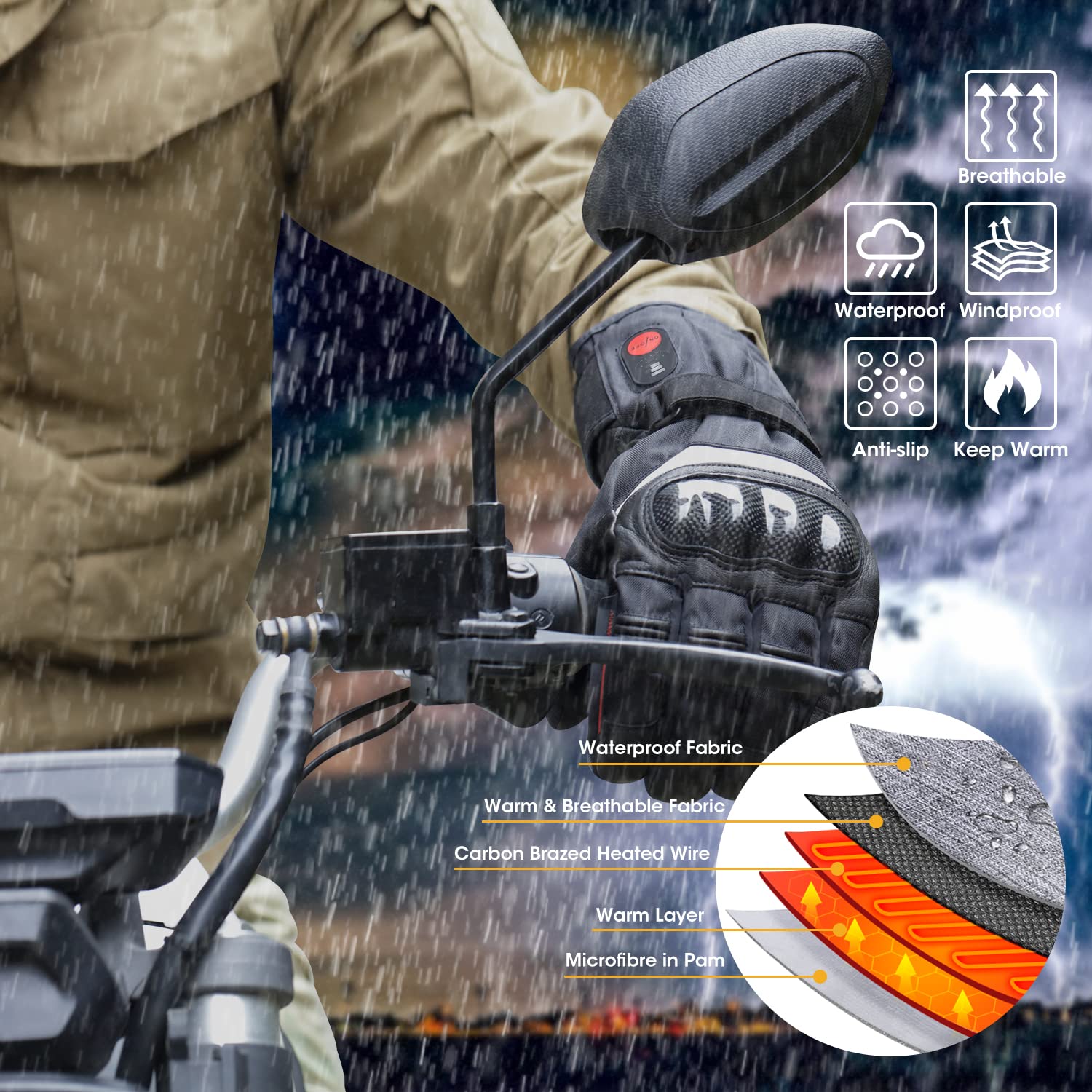 Sun Will Gants Moto Ski Chauffants Hiver Homme Femme –Coque De Protection Carbone PVC+Double Etanche, Gant Chauffant Électriques pour Ski De Neige Pêcher Cyclisme Chasse Arthrite Mala