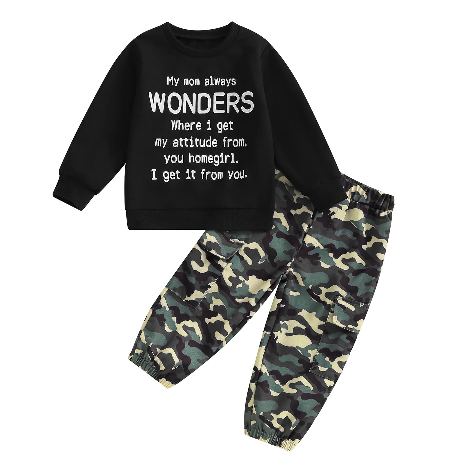 wdehow Toddler Kids Baby Boy Fall Outfits 1T 2T 3T 4T 5T Letter Print Long Sleeve Tops Camouflage Pants Winter Clothes Sets