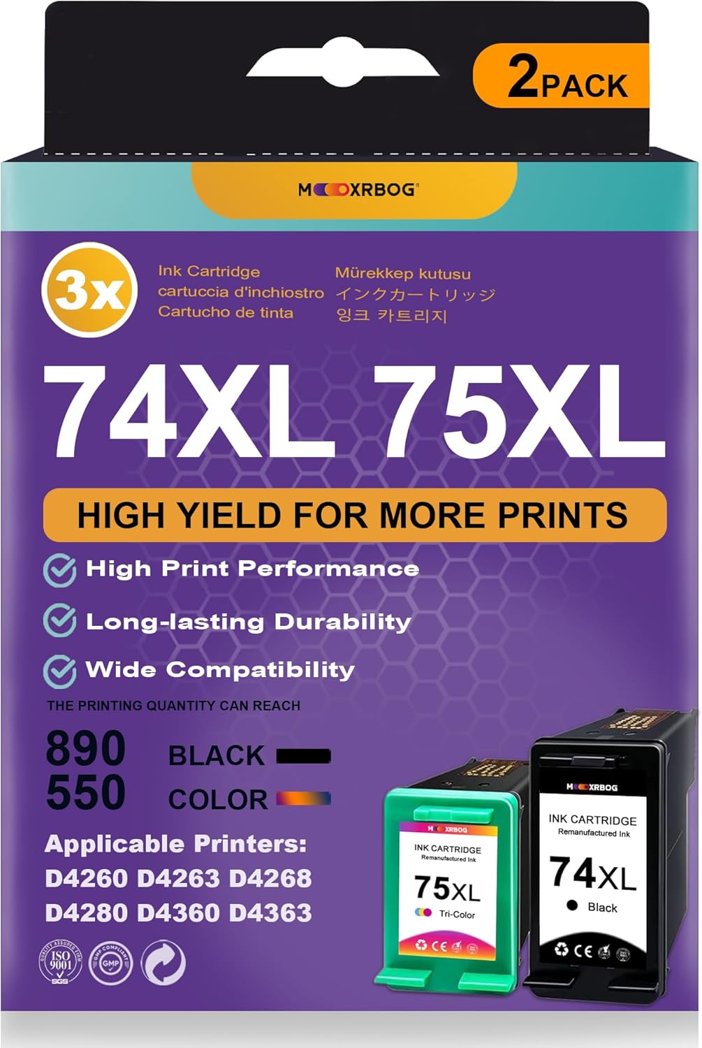 74XL 75XL Ink Cartridges High-Yield Replacement for HP 74 75 Ink Cartridge for Deskjet C4480 C4280 C4440 C4580 J6480 D4280 D4260 Printers 2 Pack (1Black/1Tri-Color)