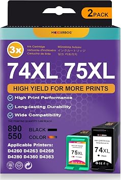 74XL 75XL Ink Cartridges High-Yield Replacement for HP 74 75 Ink Cartridge for Deskjet C4480 C4280 C4440 C4580 J6480 D4280 D4260 Printers 2 Pack 1Black/1Tri-Color