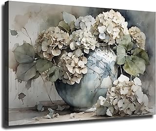 Hydrangea Still Life Watercolor Print Painting, Vintage Floral Wall Art, For Farmhouse Living Room Decor Ready To Hang (Framed,12×18 inch)