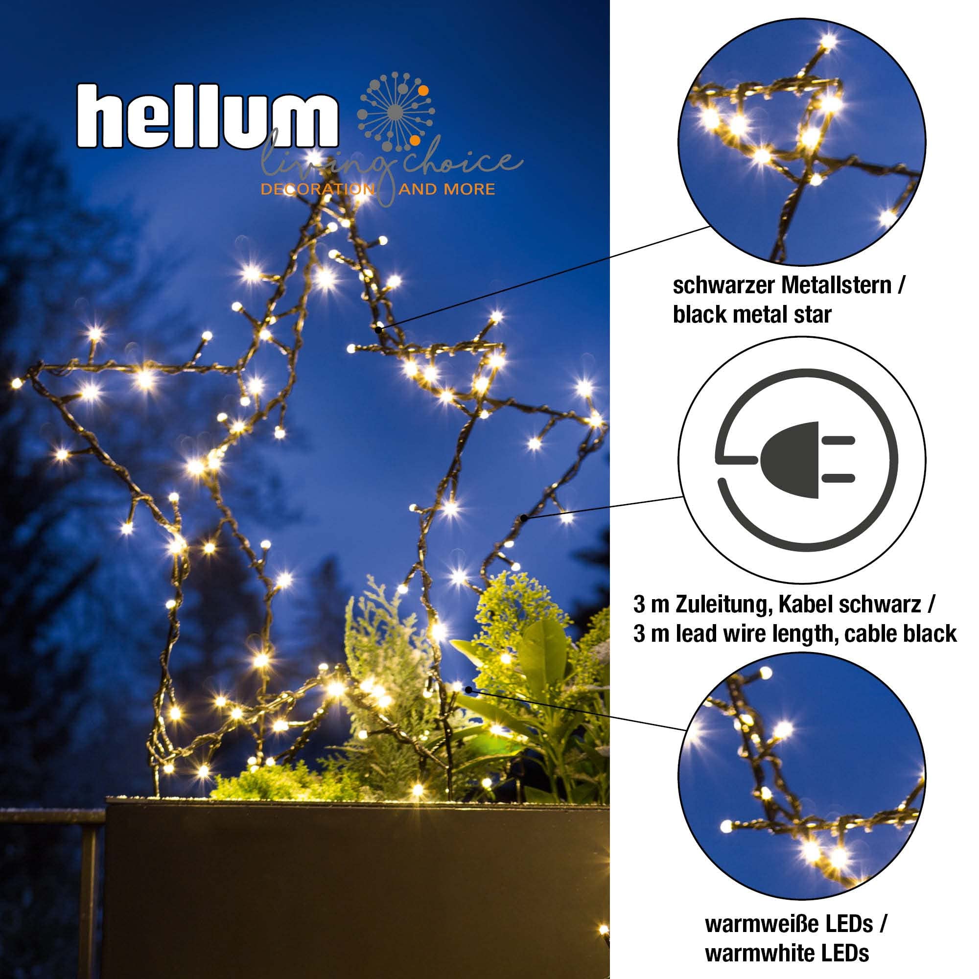 hellum LED Weihnachtsstern außen Timer & Trafo, 90 LED warmweiß, 50x59cm | Weihnachtsdeko outdoor aus schwarzem Metall, 2D/3D wählbar, Weihnachtsbeleuchtung außen, für Garten, Terrasse <59lm 578355