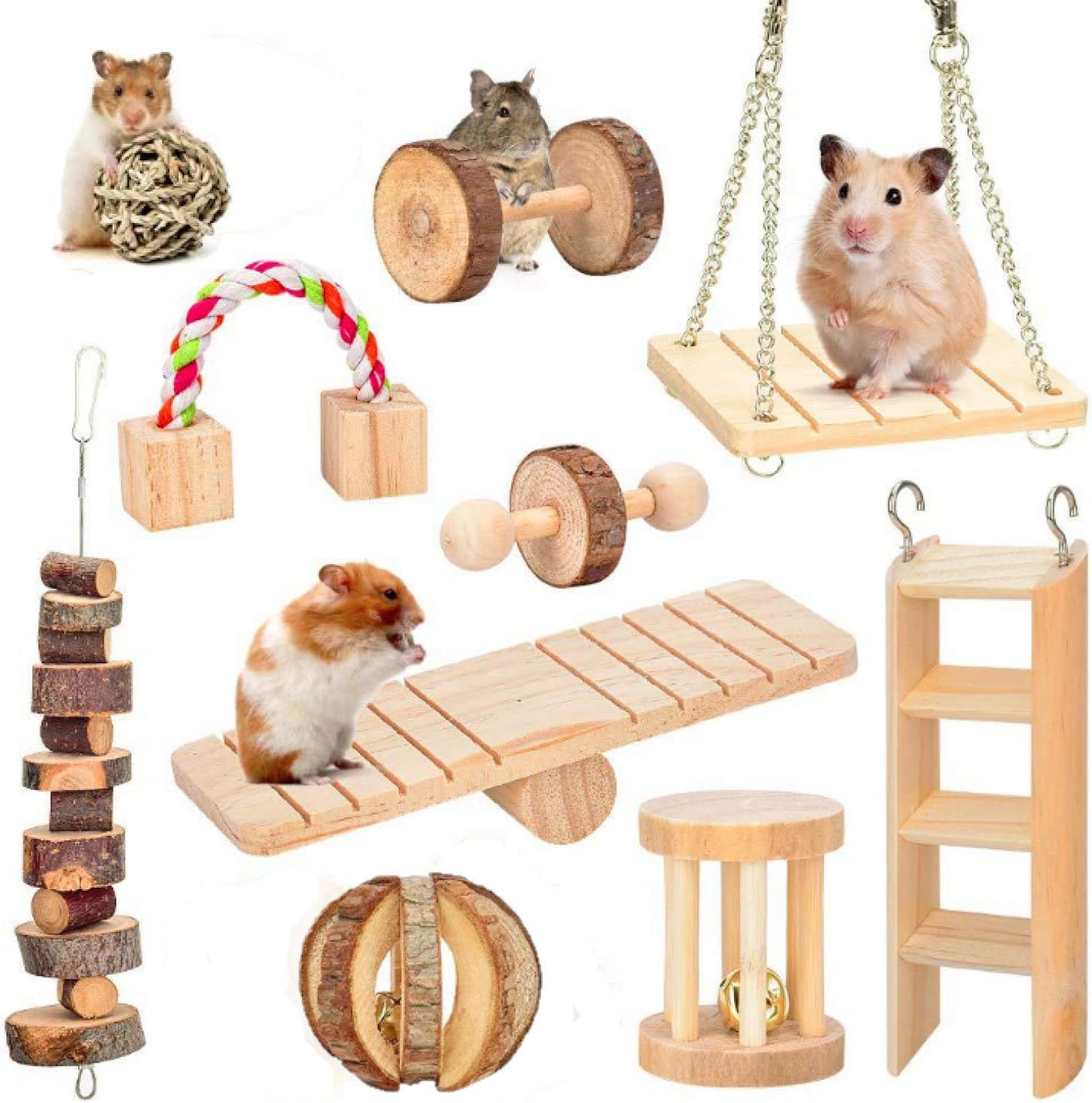 Hamster Chew Toys,Pet Natural Wooden 10pcs Dumbbells Exercise Bell Roller ect.Teeth Care Molar Toy for Parrot Syrian Hamster Gerbil Rat Guinea Pig Gerbil ect. Small Animals