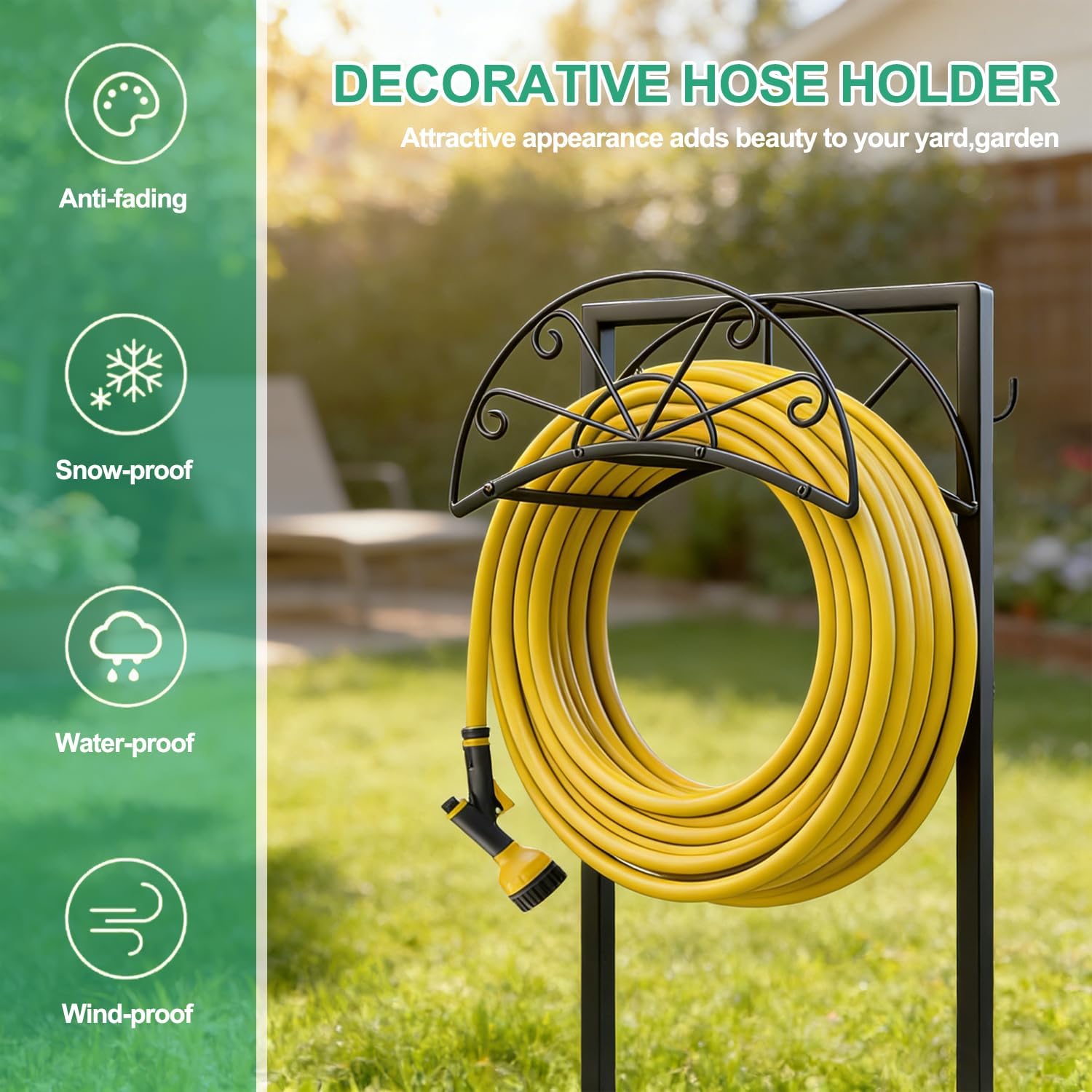Garden Hose Holder, Detachable Metal Hose Holder for Outside, Rustproof Heavy-Duty Freestanding Water Hose Hanger Rack Holds Up to 150Ft Hose for Yard, Lawn