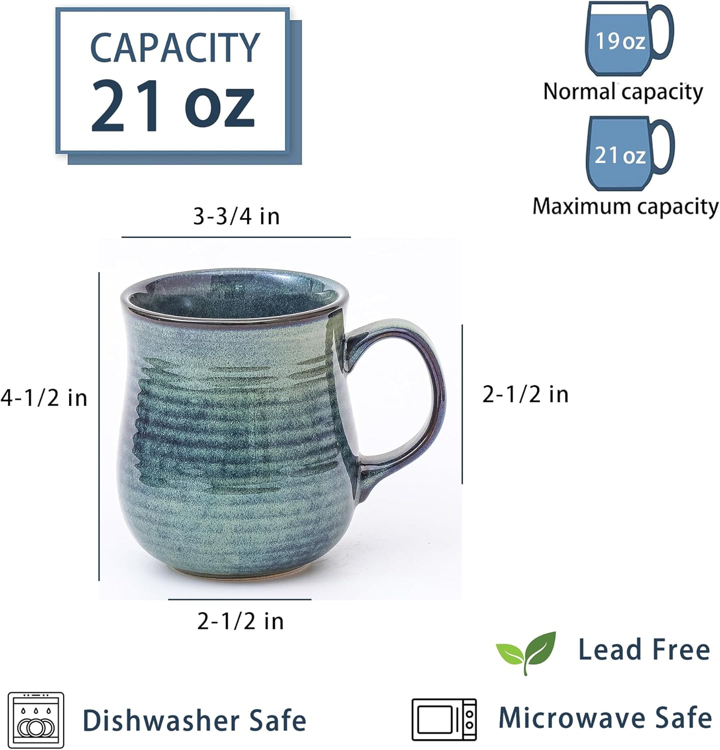 21 oz Large Ceramic Coffee Mugs, Pottery Mug Handmade, Ceramic Tea Cups with Handle for Office and Home, Dishwasher and Microwave Safe (Green) - Image 2