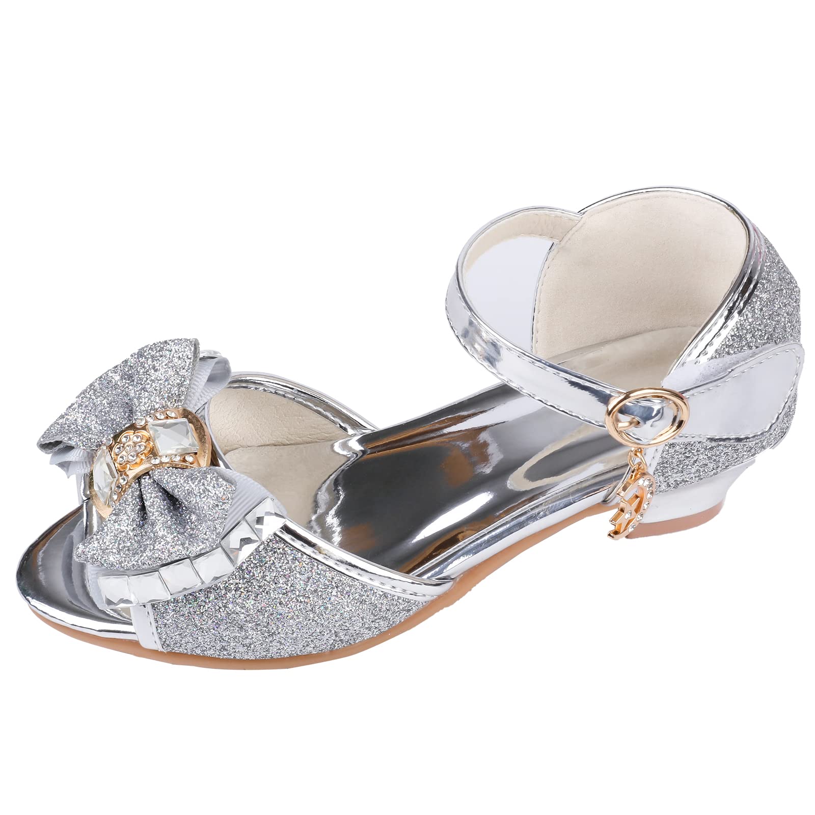 Amtidy Girls Glitter Bow Low Heel Princess Shoes, Mary Jane Ankle Strap Dress Pumps for Wedding Birthday Party Performance