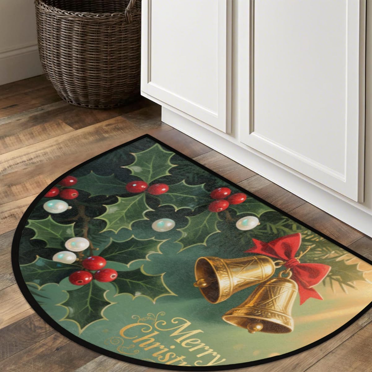 Half Round Door Mat - Indoor Outdoor Christmas Bells Berries Half Circle Rug for Entryway, Bathroom, Kitchen, Living Room - Washable Non-Slip Half Moon Mat with Boho Floral Vintage - Small Floor Mat