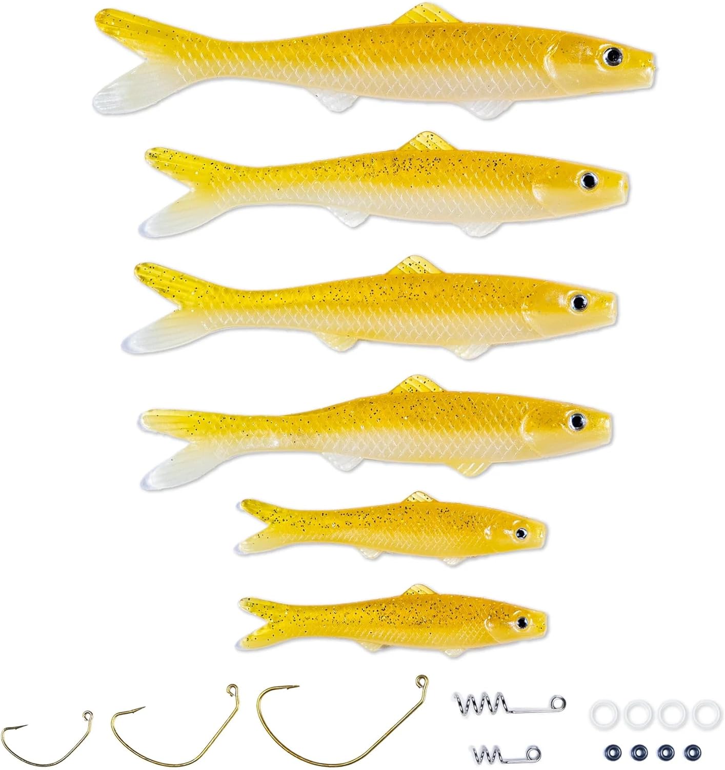 Soft Fishing Lure Kit: Lifelike Injured Minnow Soft Plastic Bait for Bass, Trout, Walleye & More – Multi-Size Swimbait Fishing Lures, Hooks, and Hardware for Freshwater & Saltwater