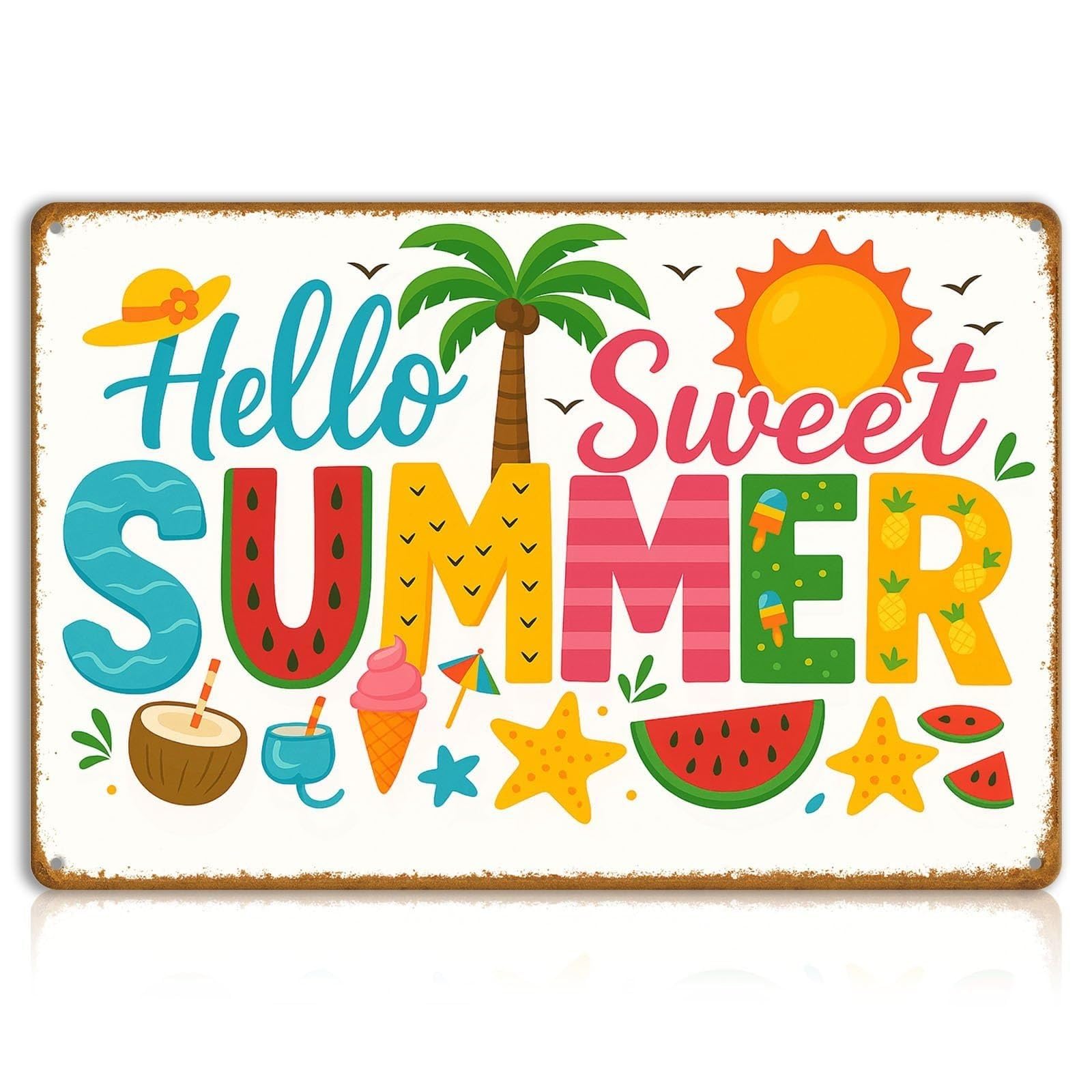 IDGTTLDF Hello Sweet Summer Vintage Metal Sign Rustic Welcome Tin Wall Plaque For Farmhouse Patio Porch Kitchen Decor 8 X 12 inch