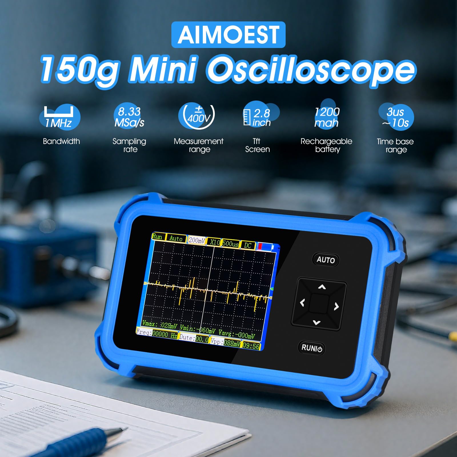 Handheld Oszilloskop für Einsteiger | AIOMEST Tragbares Mini Oszilloskop mit 1MHz Bandbreite & 8,33MS/s Abtastrate | ±400V Messbereich (800Vpp X10) | Für Kfz-Diagnose Elektronikbastler Schülerlabor