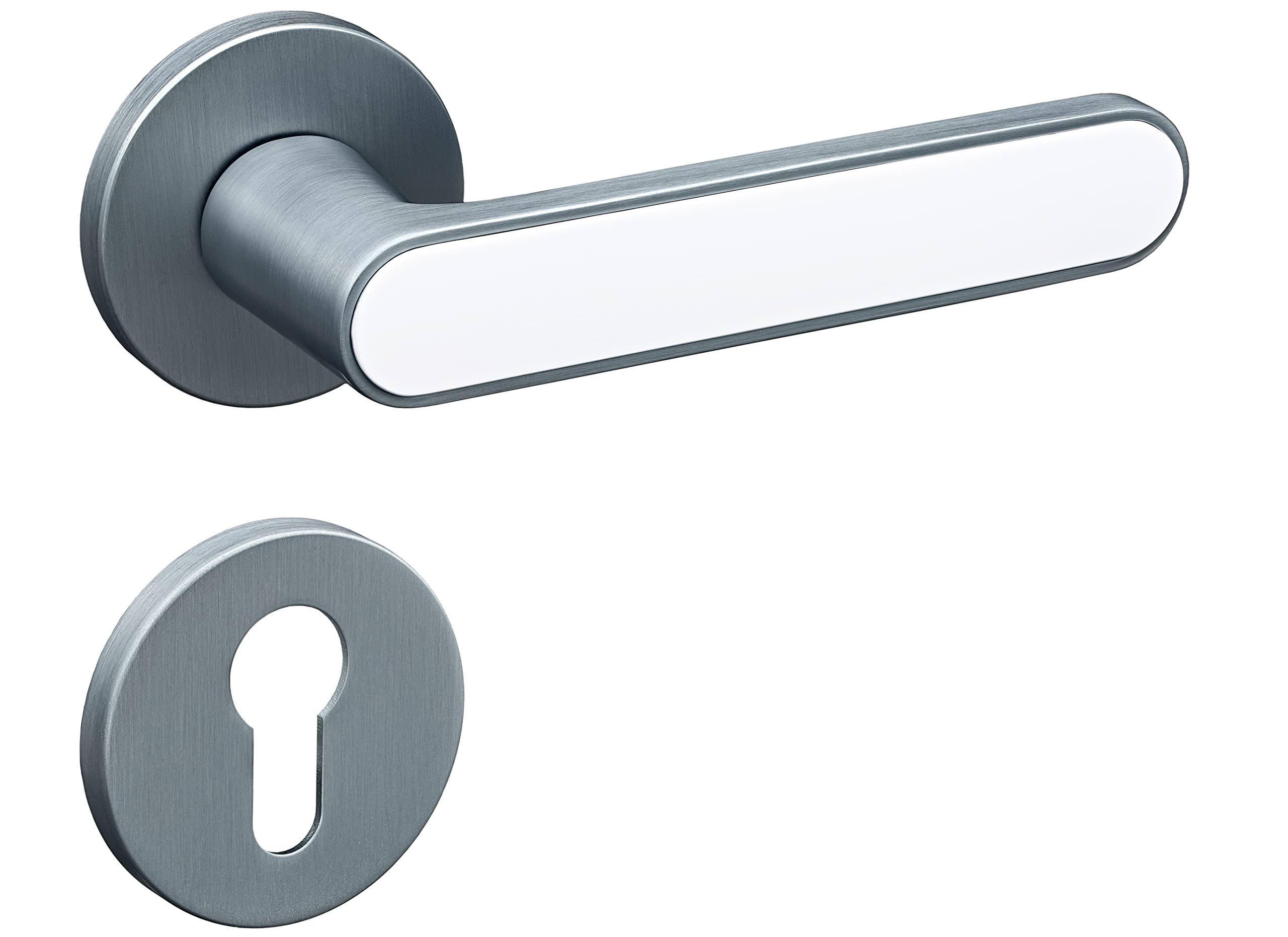 Gavroche Türgriffe Set PZ Profilzylinder | Türklinken Innentüren in Matt Silber und Weiß | Drückergarnitur Zimmertür mit runder Rosettengarnitur aus Zink | Türbeschlag in L-Form