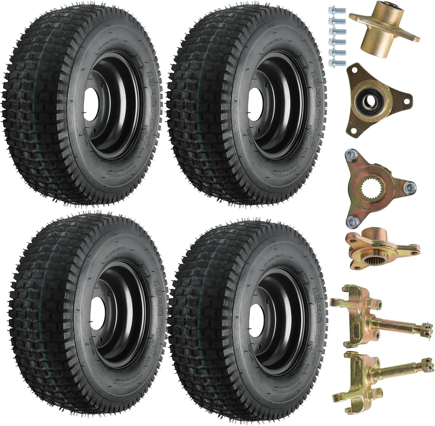 13x5.00-6 ATV Go Kart Tire & Front Rear Wheel Hubs & Steering Knuckles Kit, 3 Stud Wheel Assembly, Tubeless Tire – For Go Kart, UTV, Golf Cart, Quad, Dune Buggy, Mini Bike